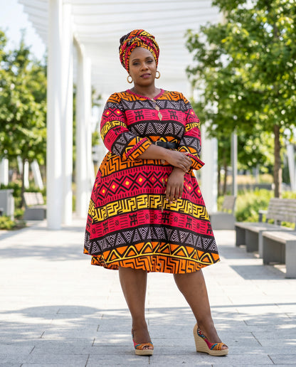 Woman wearing a colorful patterned dress and headscarf standing outdoors.