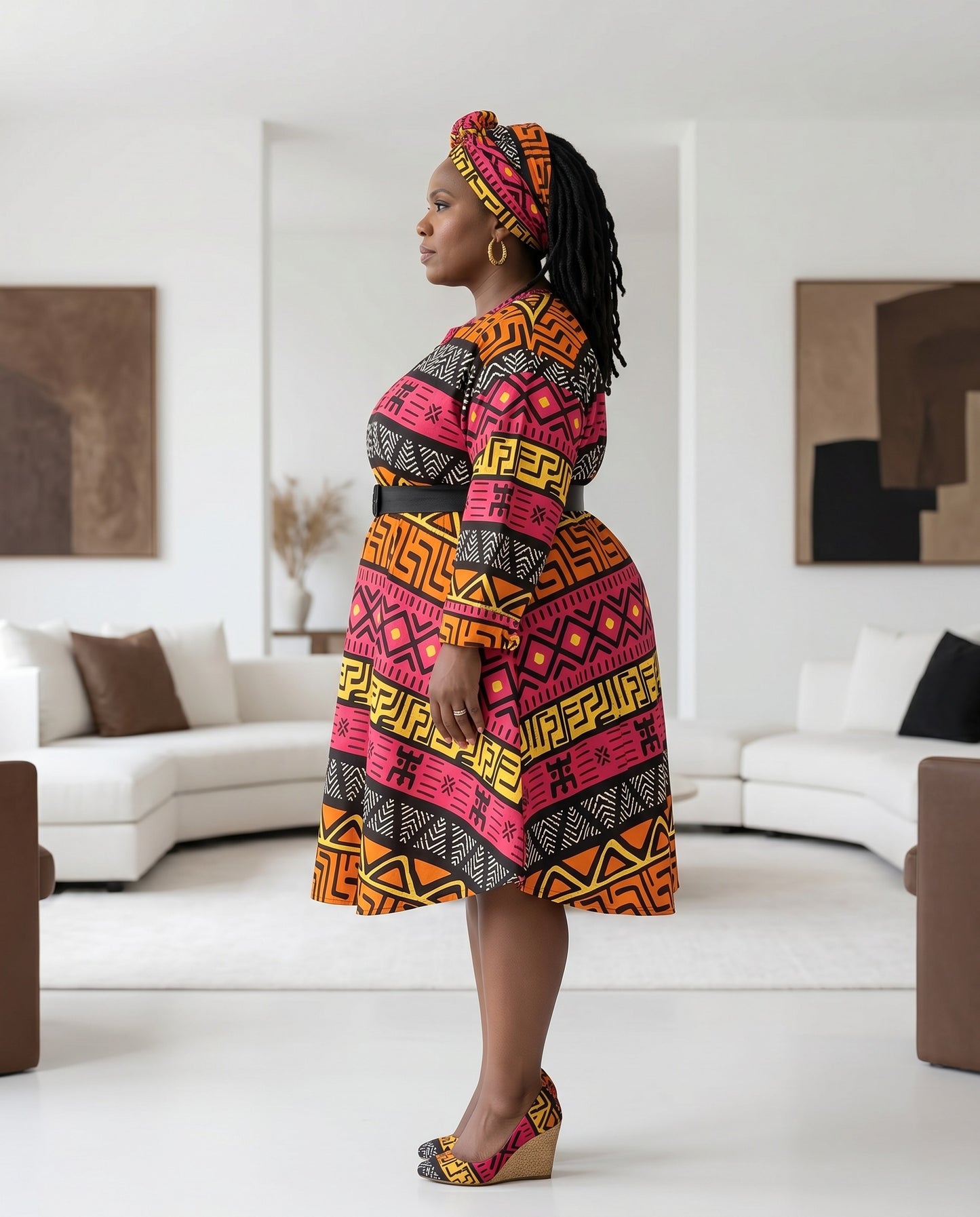African Big Button Pink Multi-Print Ankara Dress