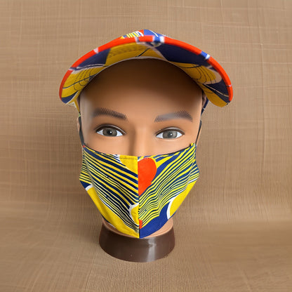 Blue/Yellow African Print Baseball Cap with Matching Mask - Premium African Accessories from MAGOS - Just $18! Shop this and more African Accessories now 