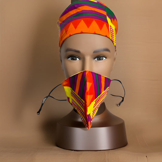 Bold Orange/Red Colorful Kente Print African Kufi Hat with Matching Mask - Premium African Accessories from MAGOS - Just $17.50! Shop this and more African Accessories now 