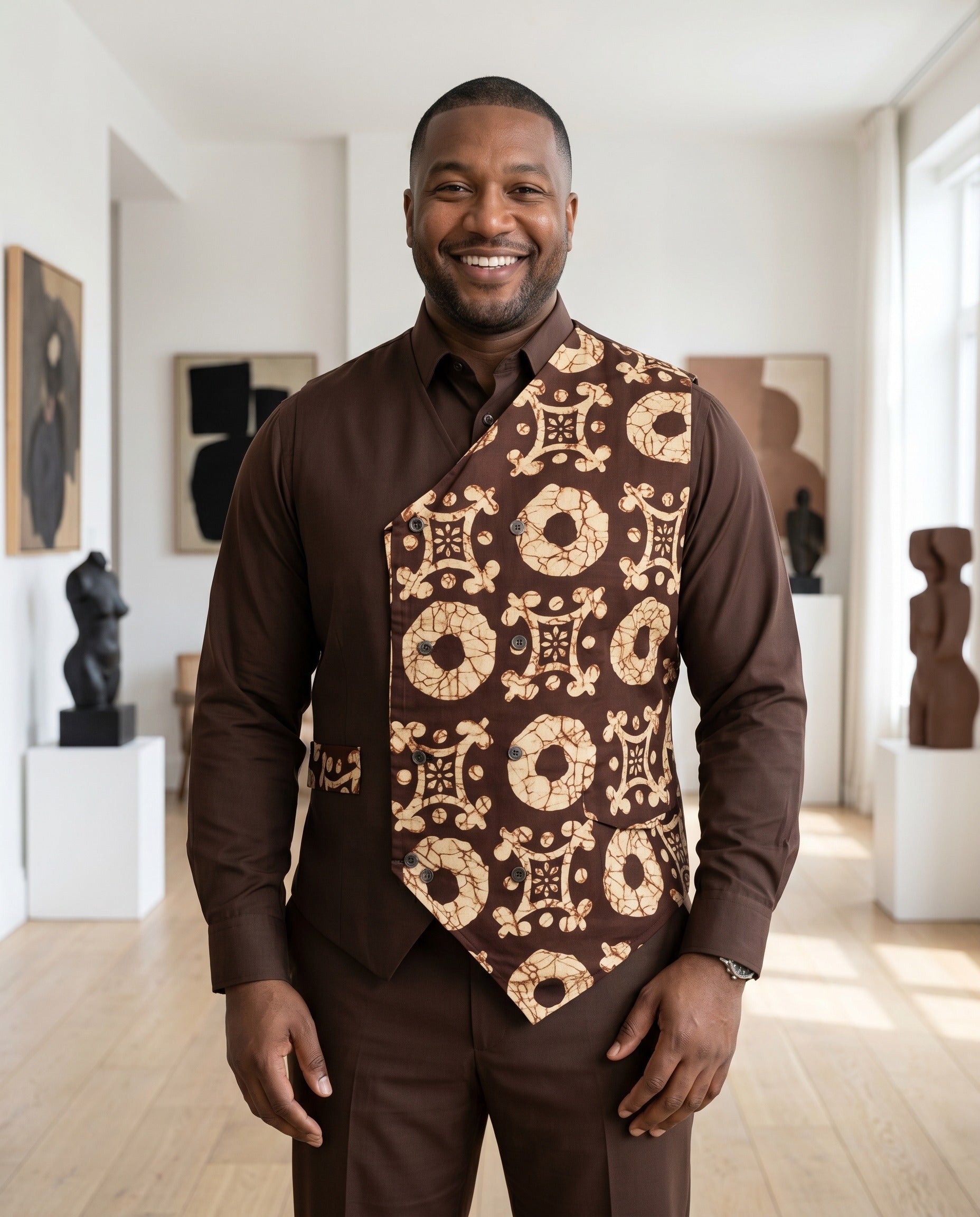 Man wearing a patterned vest in an art gallery setting