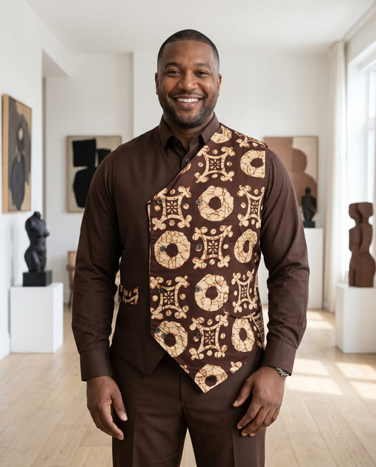 Man wearing a patterned vest in an art gallery setting