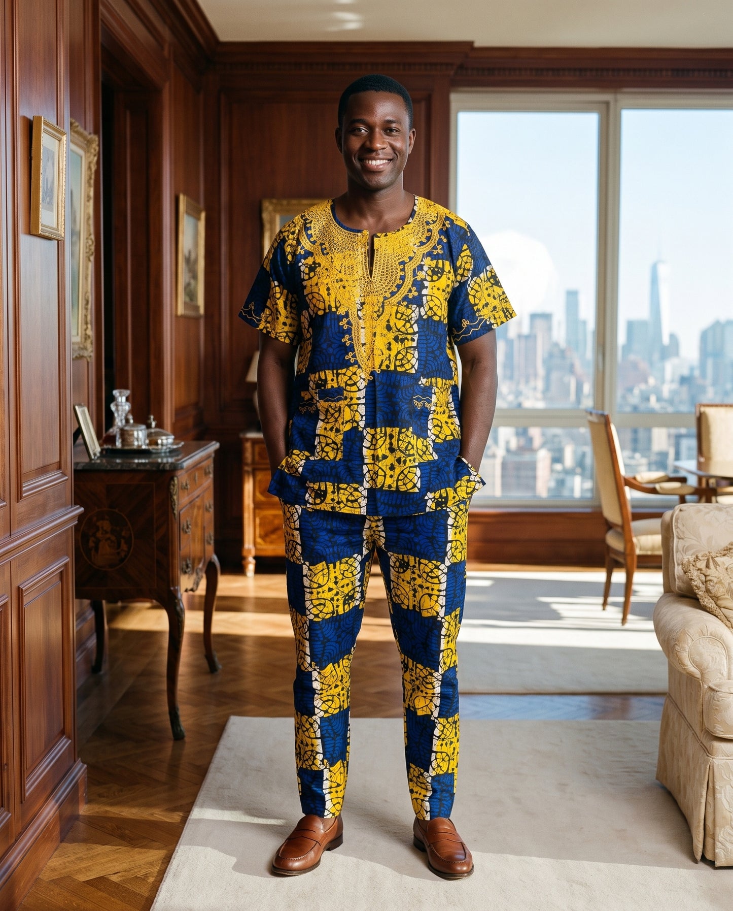 Blue African Print 3-Piece Dashiki Set with Matching Kufi Hat