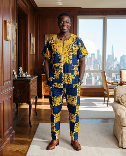 Blue African Print 3-Piece Dashiki Set with Matching Kufi Hat