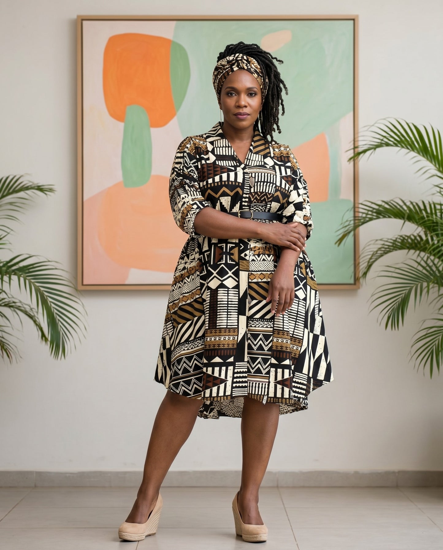African Big Button Dark Brown Multi-Print Ankara Dress