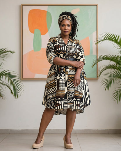 African Big Button Dark Brown Multi-Print Ankara Dress