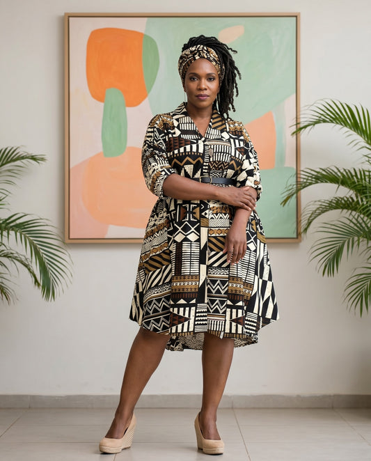 African Big Button Dark Brown Multi-Print Ankara Dress