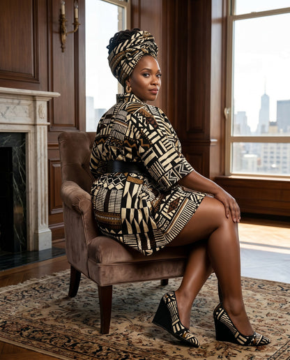African Big Button Dark Brown Multi-Print Ankara Dress
