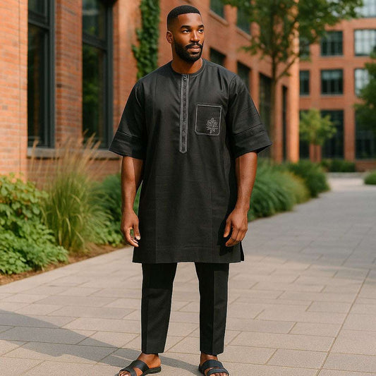 Authentic Men's 2pc Solid Black Print African Pants Set