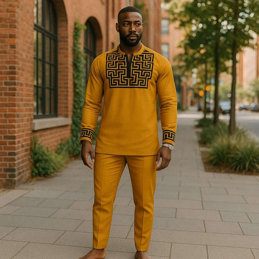 Men's African Print Mustard Yellow Pants Set