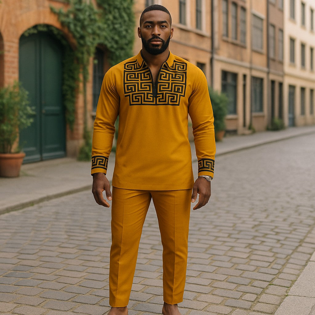 Men's African Print Mustard Yellow Pants Set
