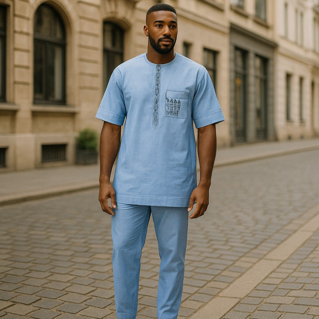 Authentic Men's 2pc Solid Sky Blue Print African Pants Set
