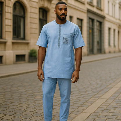 Authentic Men's 2pc Solid Sky Blue Print African Pants Set