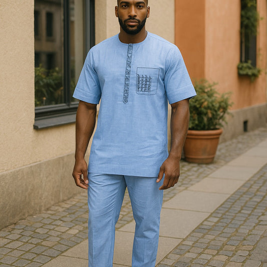 Authentic Men's 2pc Solid Sky Blue Print African Pants Set