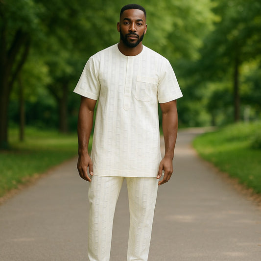 Authentic Men's 2pc Solid Cream Print African Pants Set
