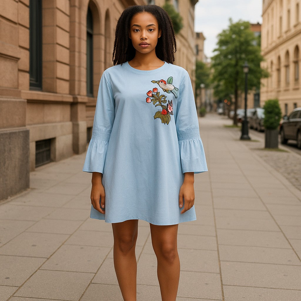 Light Blue Embroidered Bell Sleeve Mini Dress