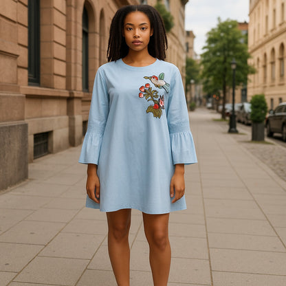 Light Blue Embroidered Bell Sleeve Mini Dress