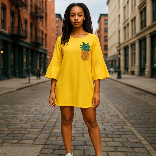 Yellow Embroidered Bell Sleeve Mini Dress