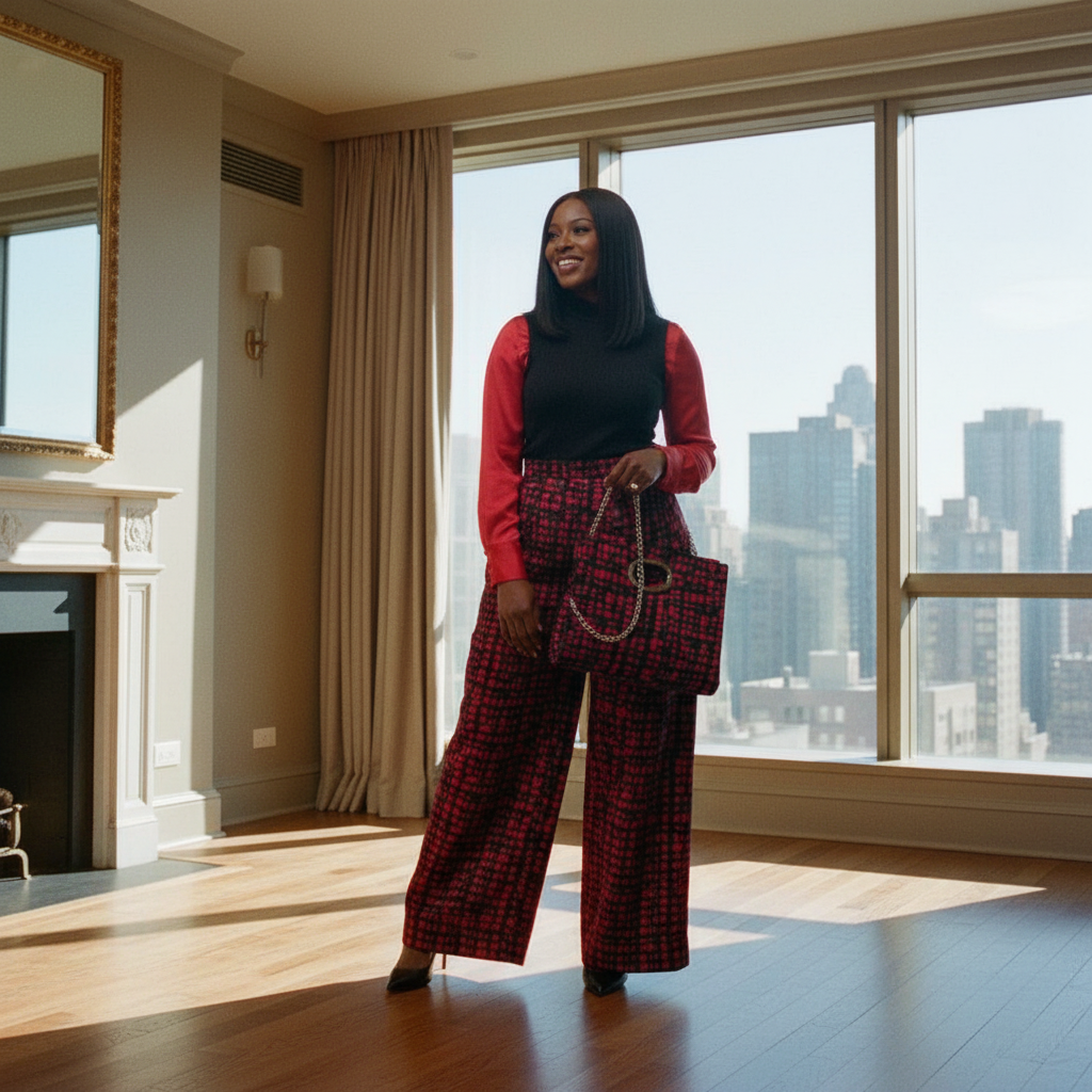 Woman in a stylish outfit standing in a room with large windows overlooking a cityscape.