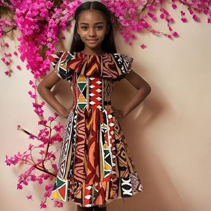 Girls Multi-Color Smoked Dress With Matching Hair Band