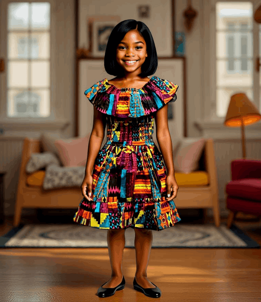Girls African Multi-Color Kente Print Smoked Dress