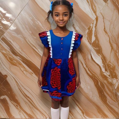 Girls Red/Blue Floral African Print Dress - MAGOS