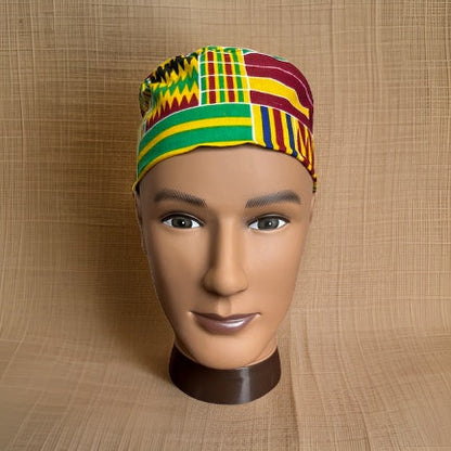 Green/Yellow/Red/ Kente Print African Kufi Hat with Matching Mask - Premium African Accessories from MAGOS - Just $17.50! Shop this and more African Accessories now 