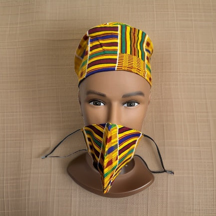 Green/Yellow/Gold Style1 Kente Print African Kufi Hat with Matching Mask - Premium African Accessories from MAGOS - Just $17.50! Shop this and more African Accessories now 