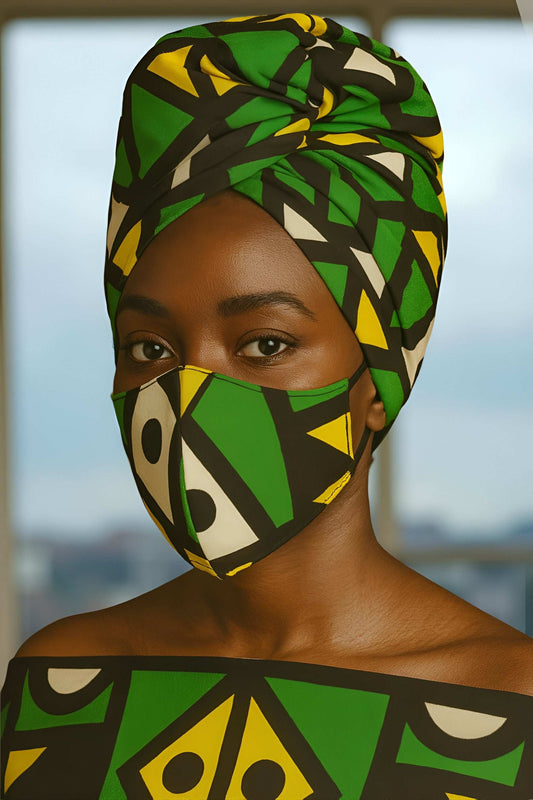 Green Multi-Color Ankara African Headwrap w/Face Mask