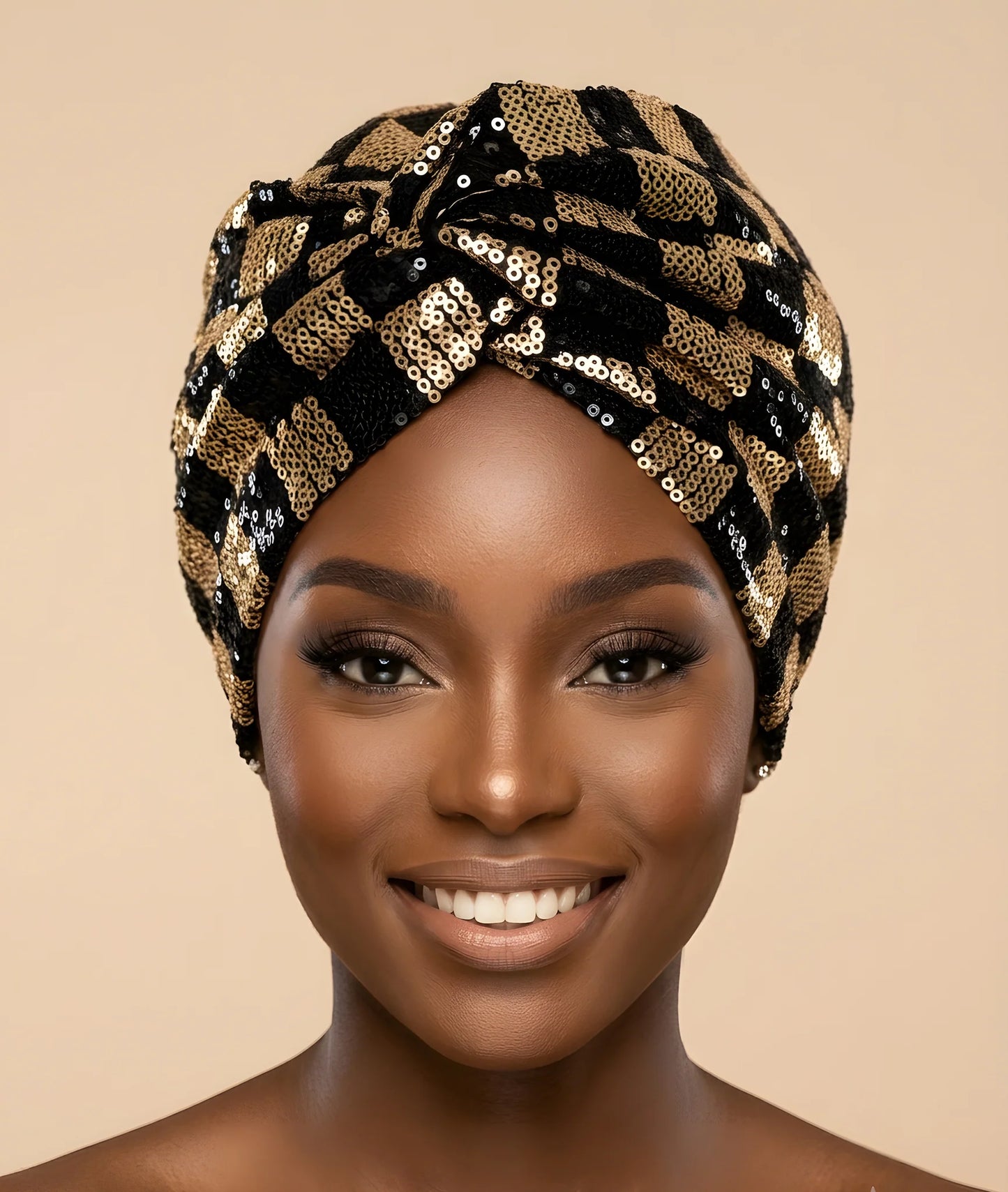 Sequin Checkered Turban w/Twisted Front Detail