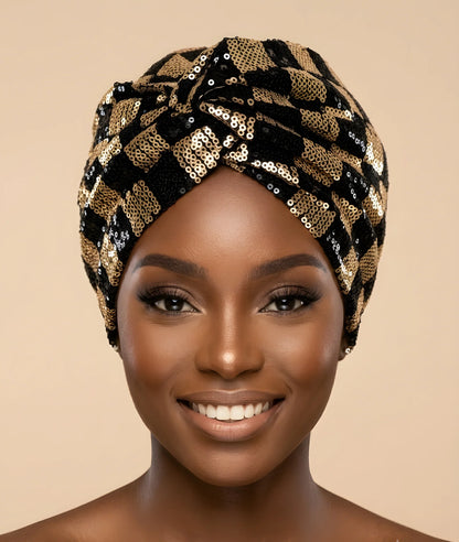 Sequin Checkered Turban w/Twisted Front Detail