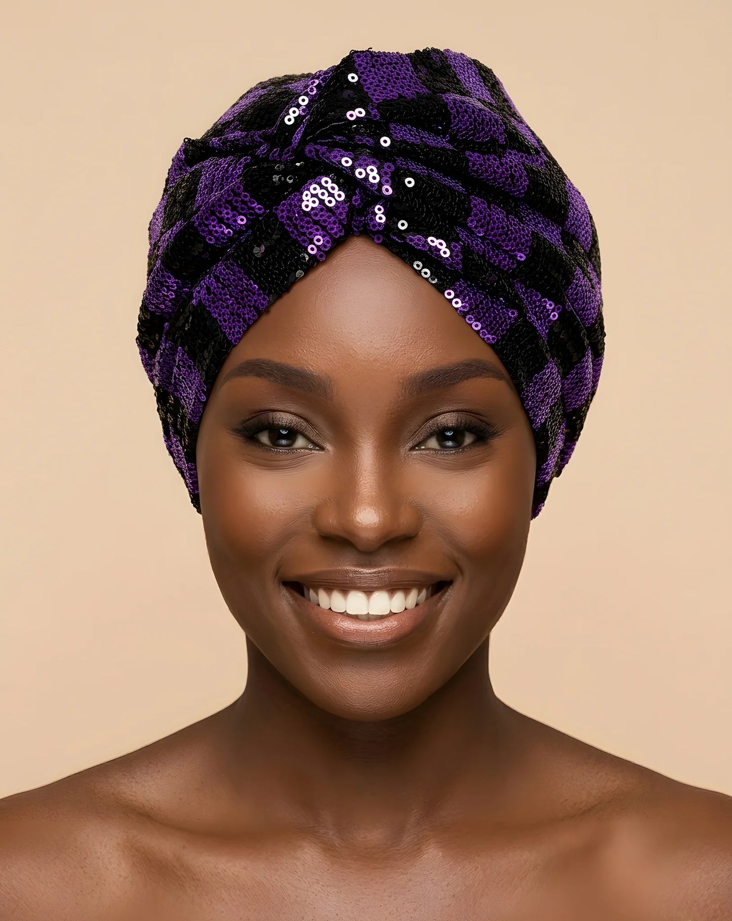 Sequin Checkered Turban w/Twisted Front Detail