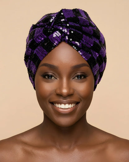 Sequin Checkered Turban w/Twisted Front Detail