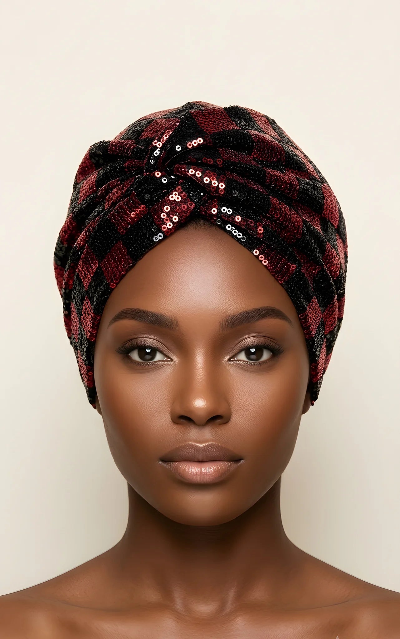 Sequin Checkered Turban w/Twisted Front Detail