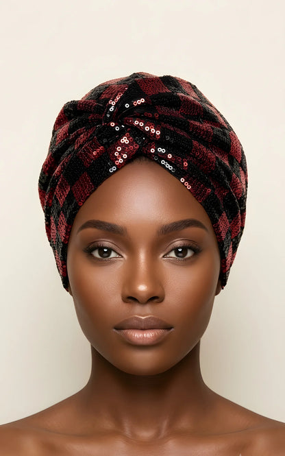 Sequin Checkered Turban w/Twisted Front Detail