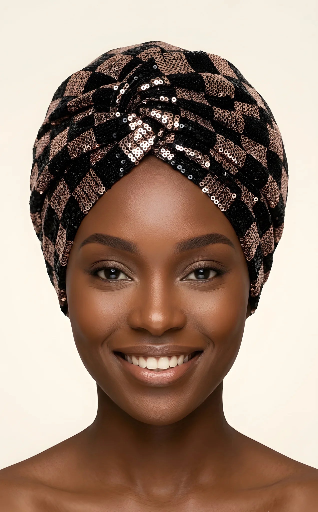Sequin Checkered Turban w/Twisted Front Detail