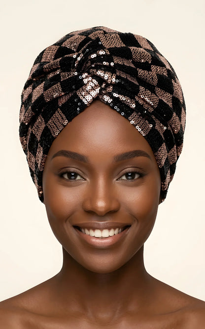 Sequin Checkered Turban w/Twisted Front Detail