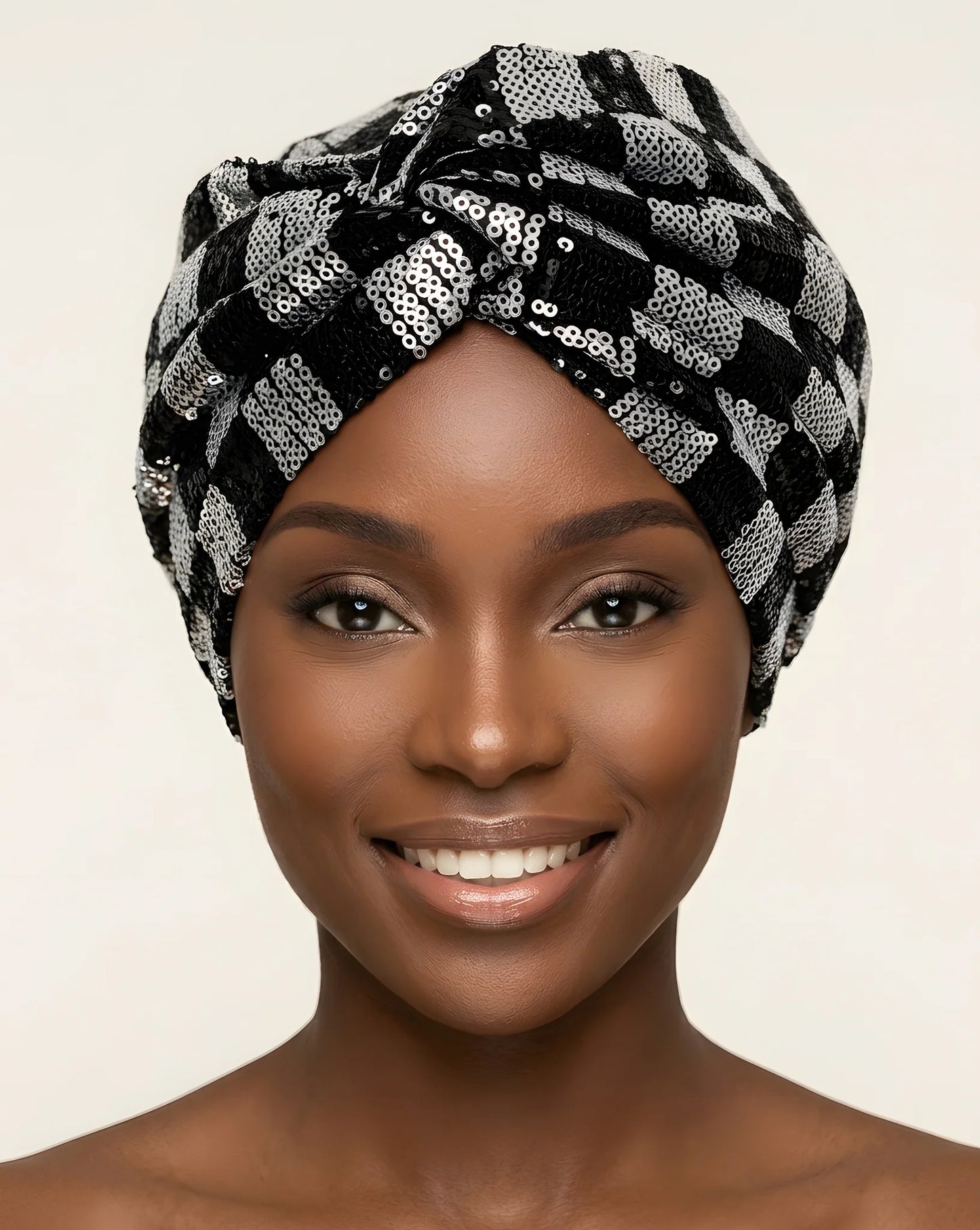 Sequin Checkered Turban w/Twisted Front Detail