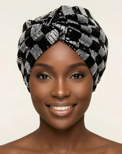 Sequin Checkered Turban w/Twisted Front Detail