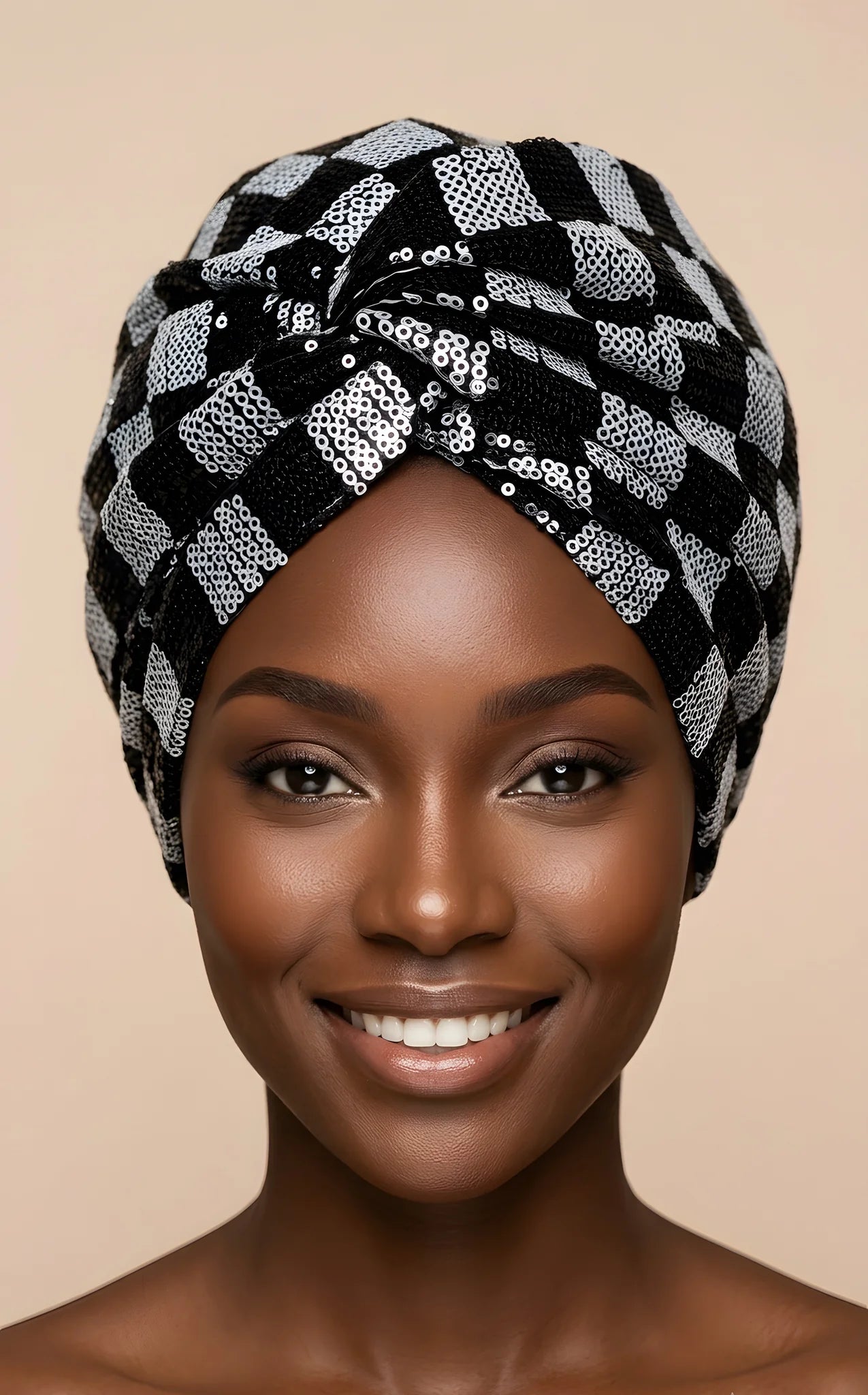 Sequin Checkered Turban w/Twisted Front Detail