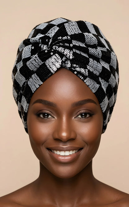 Sequin Checkered Turban w/Twisted Front Detail