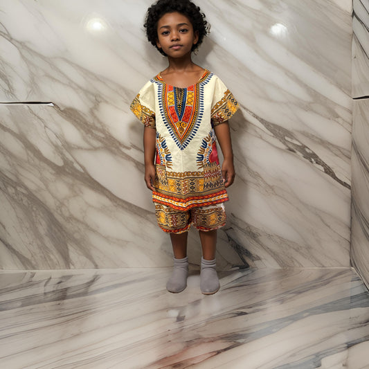 Children's African Dashiki Short Set (Cream)