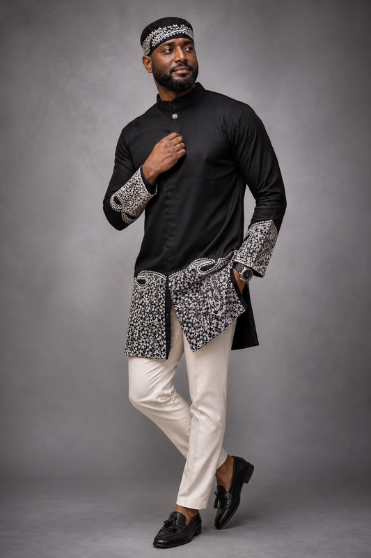 Men's African Solid Black Border Print Long Blazer Jacket