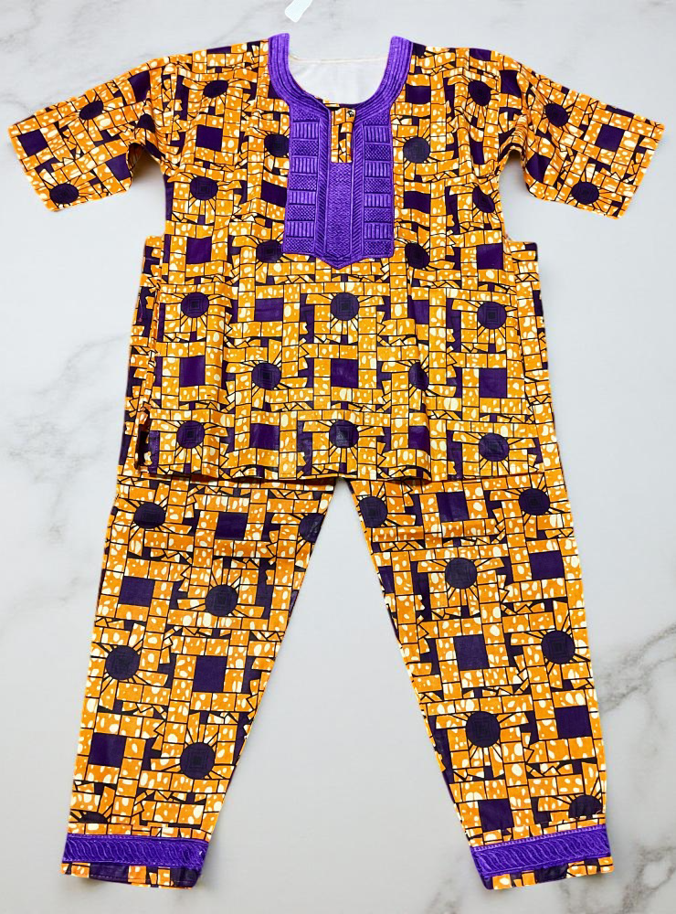 Boys 3pc Orange Purple Embroidered African Dashiki Pant Set