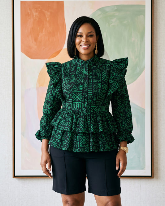 African Inspired Emerald Green & Black Print Top
