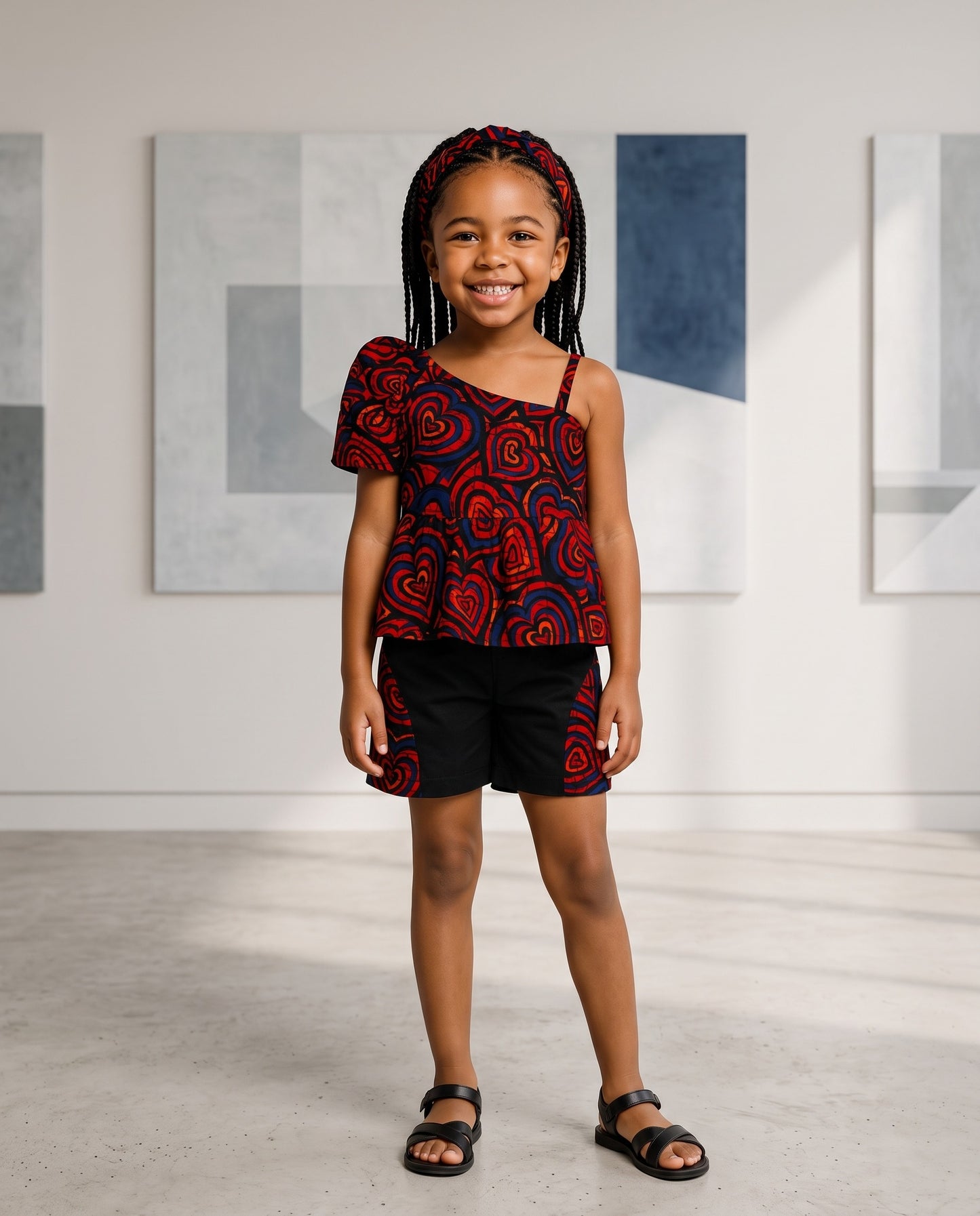 Girls One-Shoulder Heart Shaped African Print Shorts Set