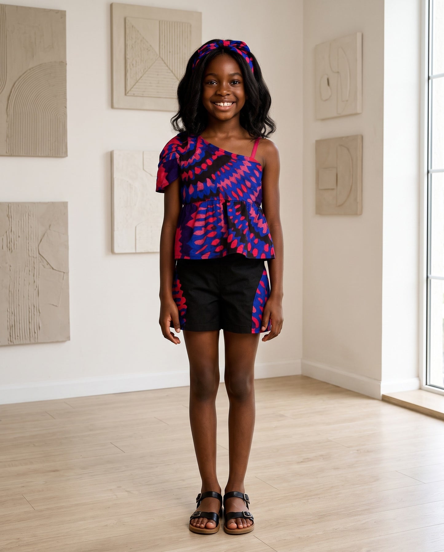 Girls One-Shoulder Blue Pink African Print Shorts Set