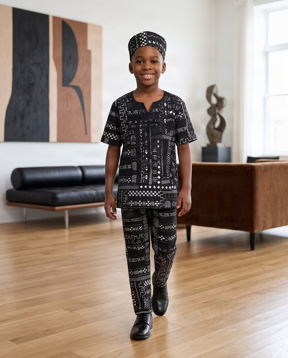 Boys’ Black & White African Print 3-Piece Pants Set