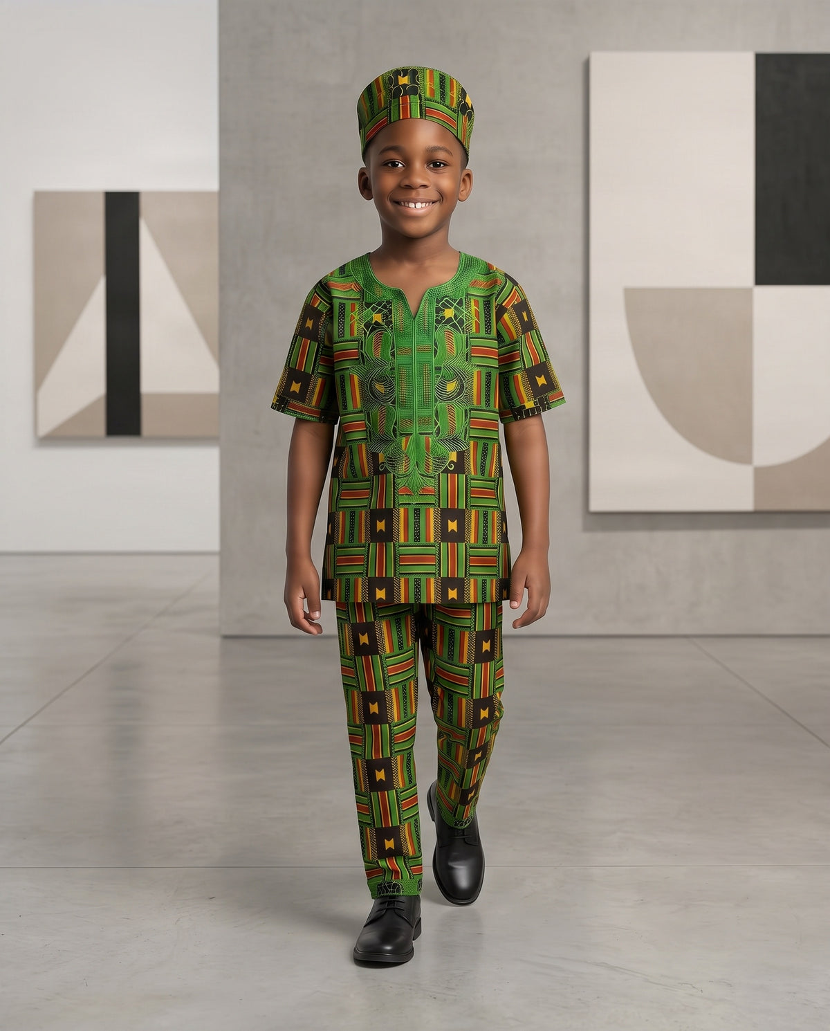 Boys’ Green African Print 3-Piece Pants Set