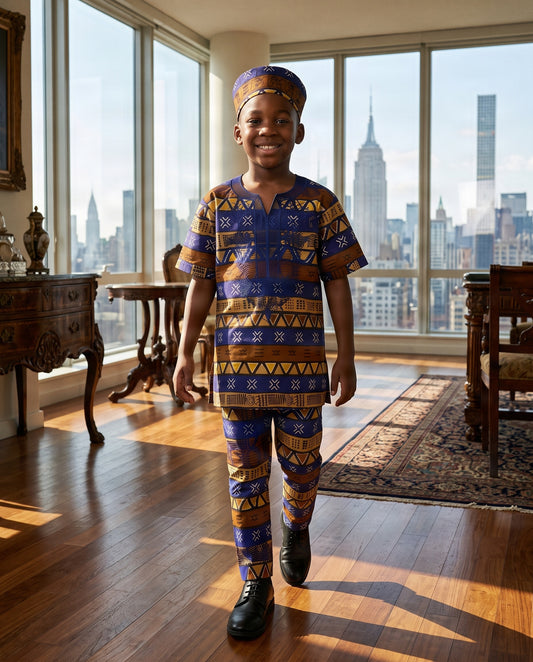 Boys’ Blue & Brown African Print 3-Piece Pants Set